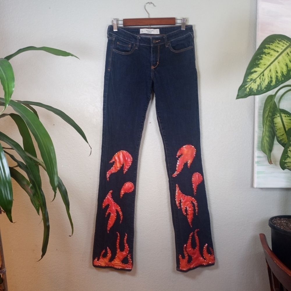 Abercrombie & Fitch Vintage Low Rise Y2K Embroidered Sequin Flame Boot Cut Jean